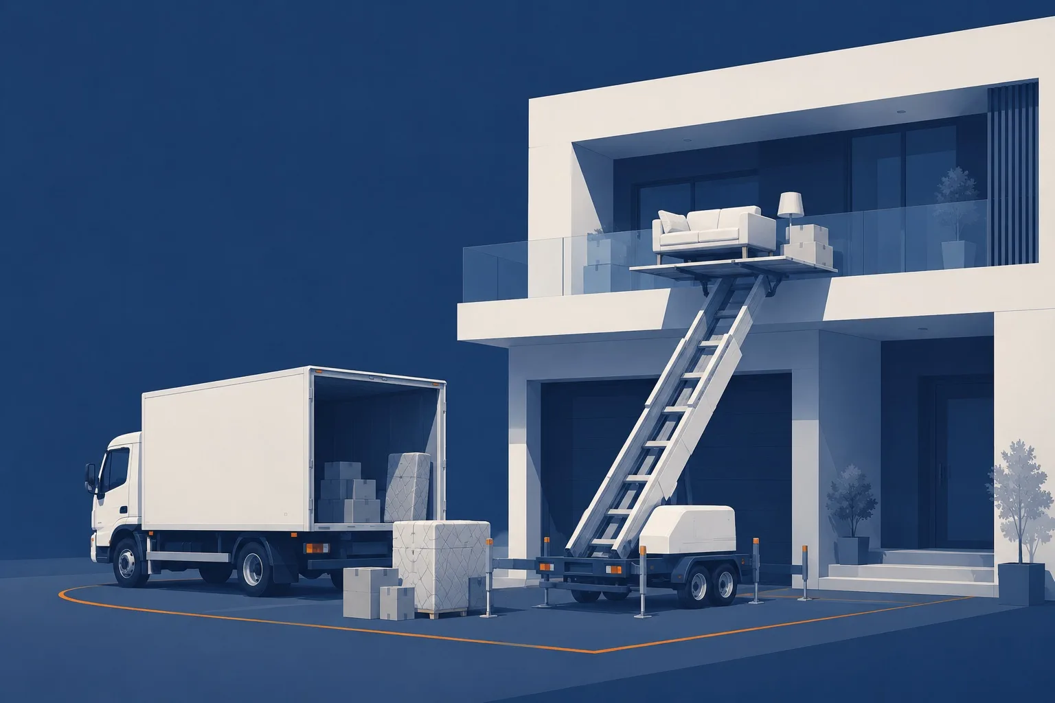 Elevator-lifted insured residential moving illustration